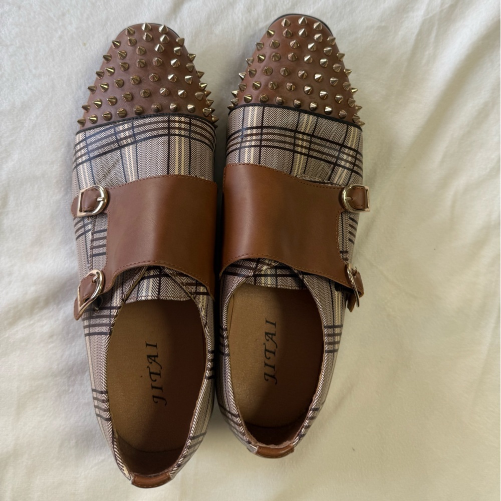 JITAI Spiked Plaid Double Monk Strap Shoes - Men's Size 10